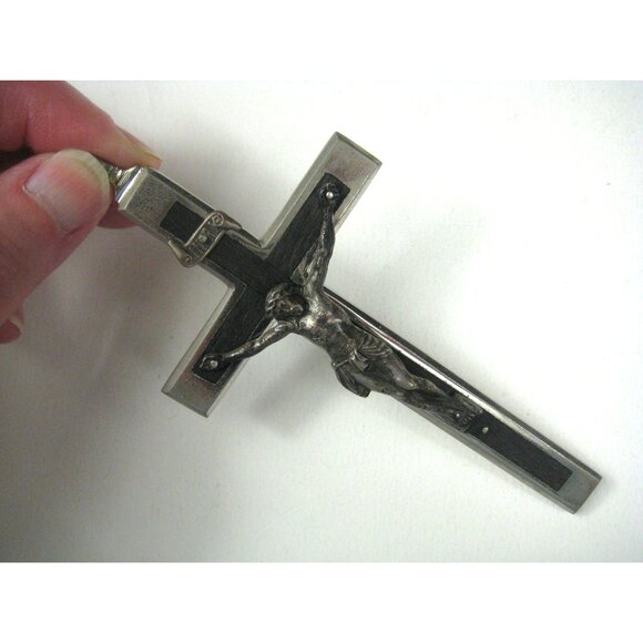 Vintage Metal Crucifix Pendant Christ Figure Silver Cross Inlay Ebony Wood Steel - Picture 1 of 5